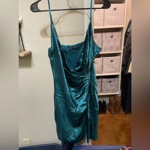 Surplice Neck Ruched Side Split Hem Satin Dress